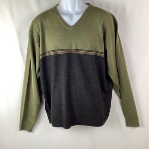 Dockers V-neck Pullover Sweater Men's Green Argyle Striped Acrylic Size XL